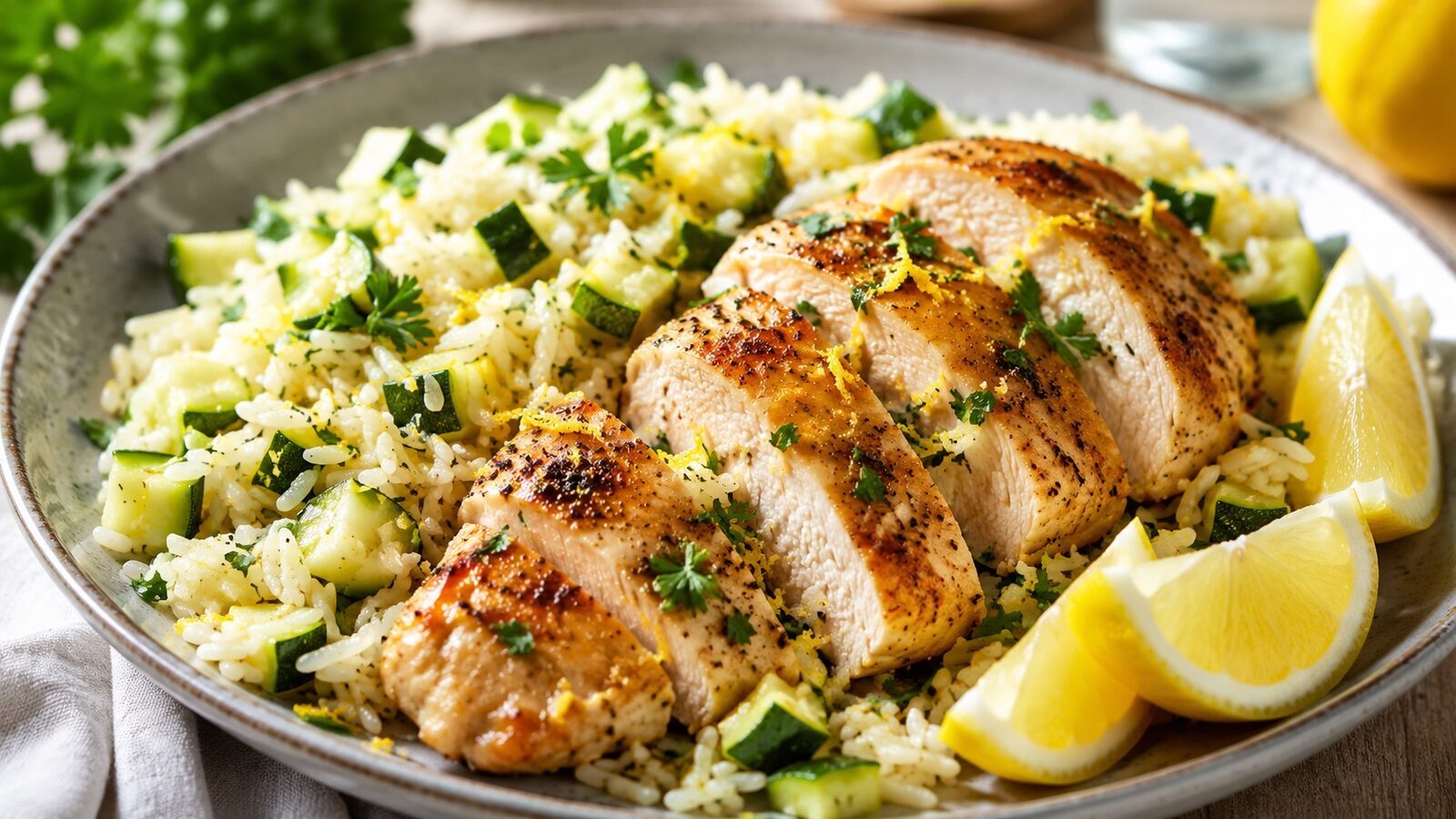 Zitronen-Hähnchen mit Zucchini-Reis, Kräutern und Zitronenspalten