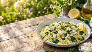Zitronen-Orzo mit Spinat und Feta als frisches Sommerrezept für warme Tage, Grillabende und leichte Küche