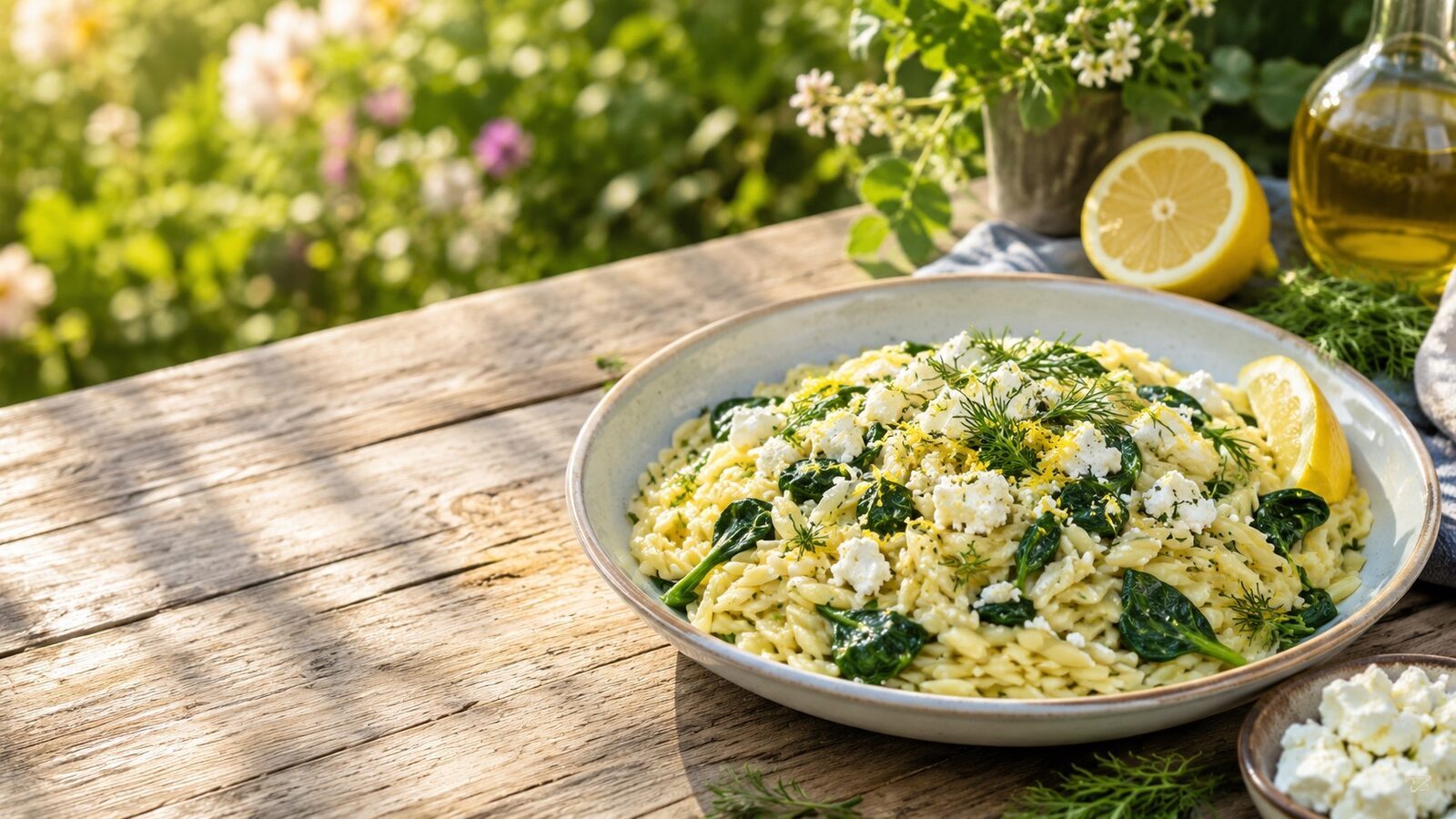 Zitronen-Orzo mit Spinat und Feta als frisches Sommerrezept für warme Tage, Grillabende und leichte Küche