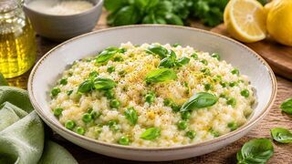 Cremiges Zitronen-Risotto mit grünen Erbsen, Parmesan und frischem Basilikum