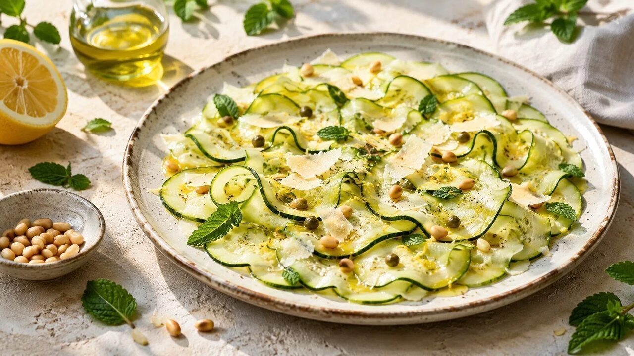 Dünn gehobeltes Zucchini-Carpaccio mit Zitrone, Parmesan und Kräutern