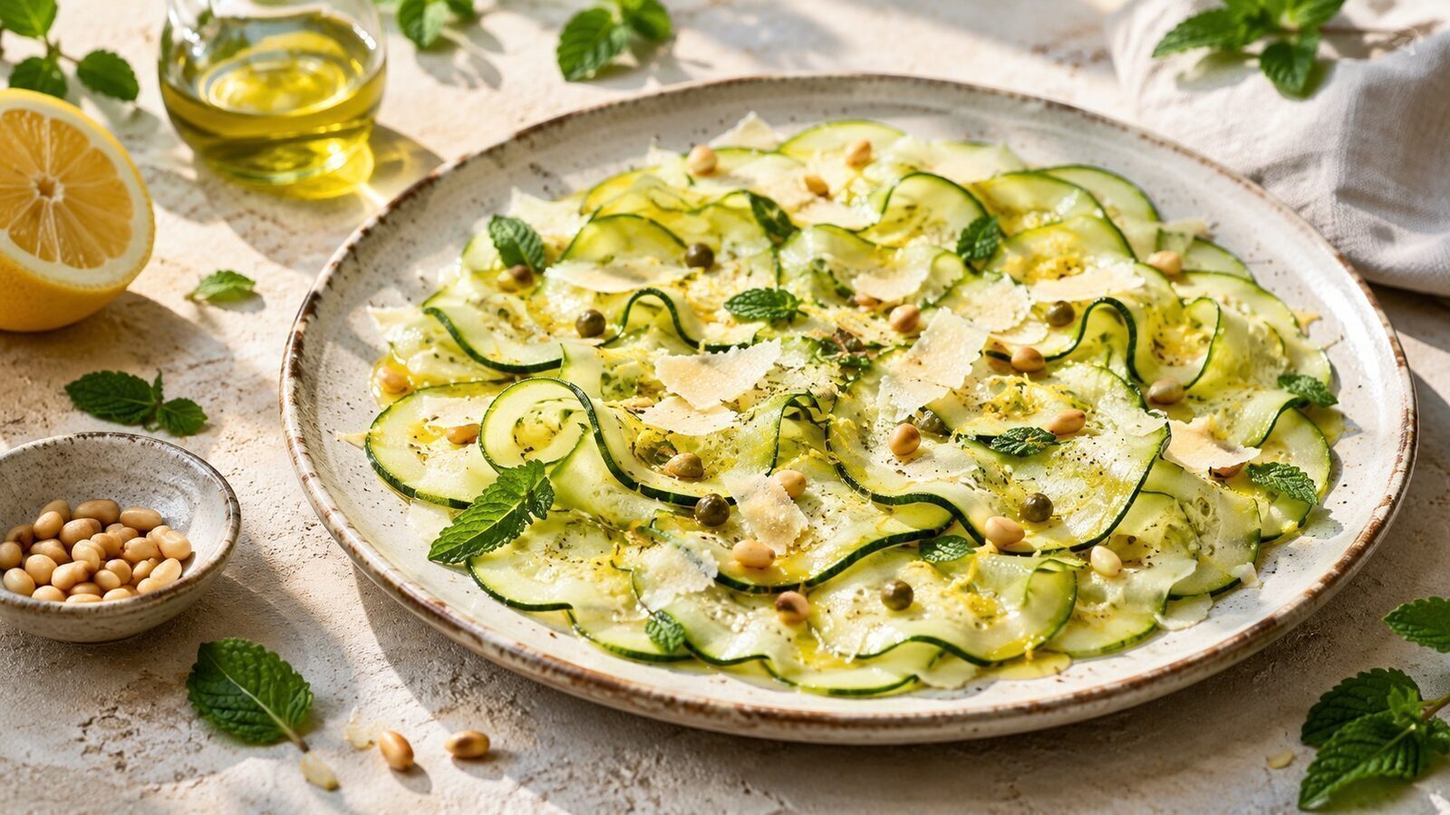 Dünn gehobeltes Zucchini-Carpaccio mit Zitrone, Parmesan und Kräutern
