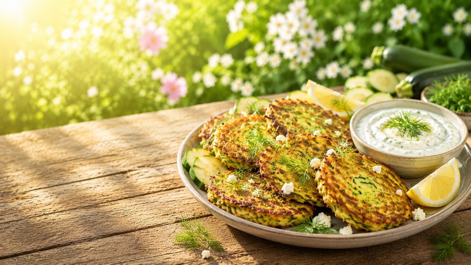 Zucchini-Puffer mit Joghurt-Dip als frisches Sommerrezept für warme Tage, Grillabende und leichte Küche