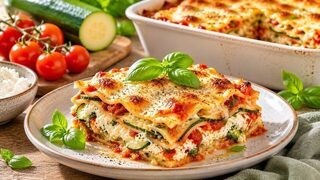 Zucchini-Ricotta-Lasagne mit Tomatensauce, Mozzarella und goldbraunem Käse