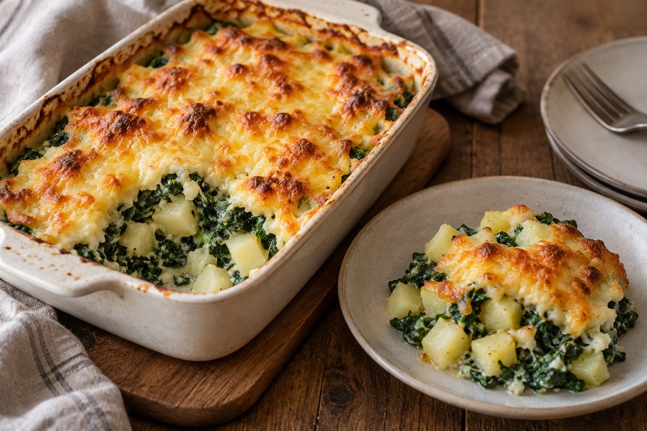 Cubetti di patate e spinaci verdi sotto Gouda dorato in una pirofila