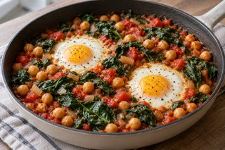 Épinards foncés et pois chiches en sauce tomate rouge avec deux œufs sans jaune coulant