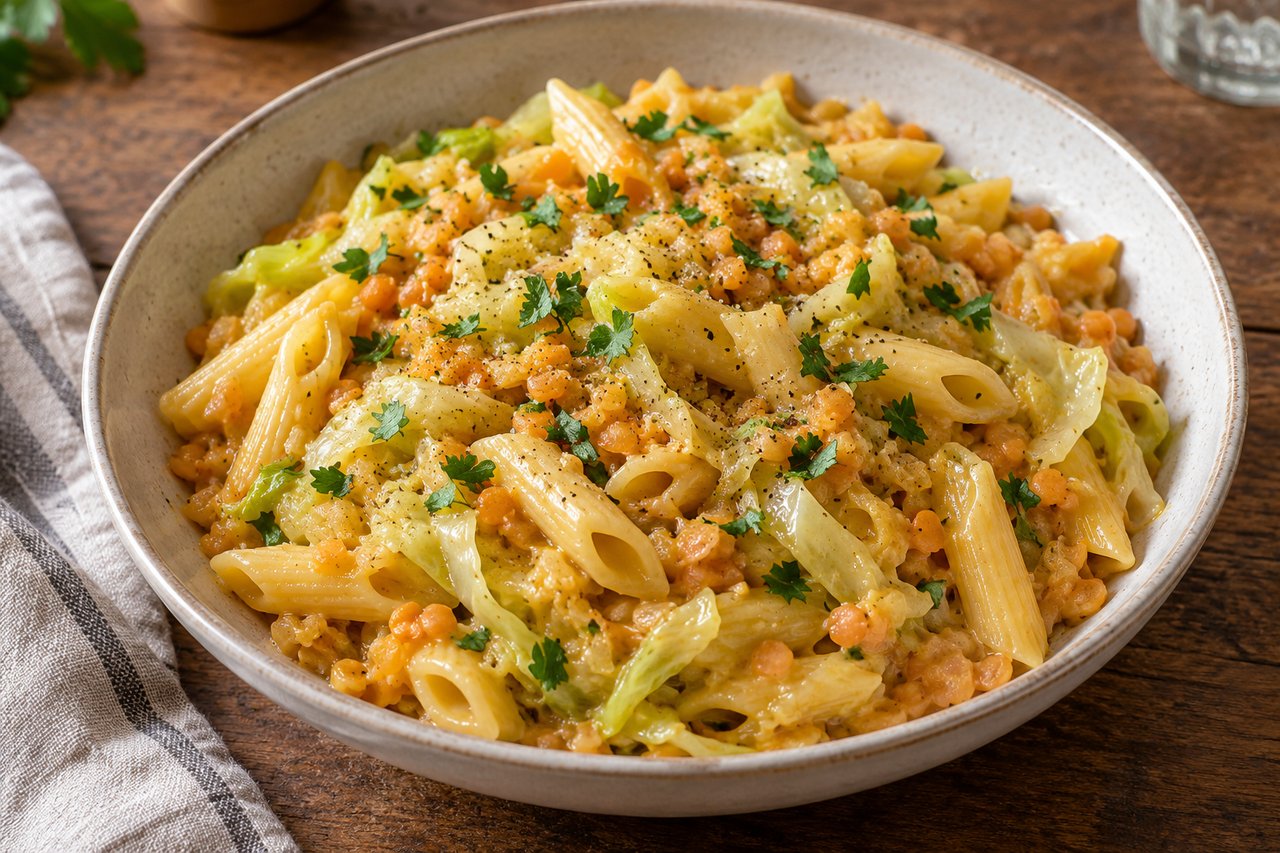 Penne y tiras de col verde claro en una salsa dorada de lentejas con perejil