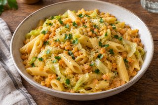 Penne et fines lanières de chou vert pâle dans une sauce dorée aux lentilles avec du persil