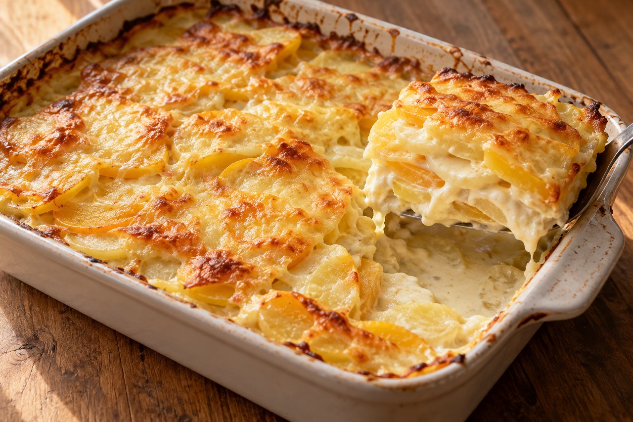 Goldenes Steckrüben-Kartoffel-Gratin mit dünnen Gemüseschichten und cremiger Sauce unter Gouda