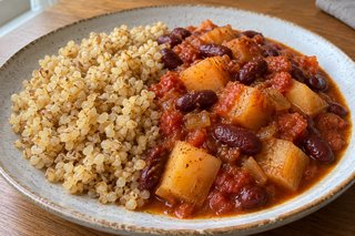 Gelbliche Steckrübenwürfel und rote Kidneybohnen in Tomatensauce, daneben lockerer Bulgur auf einem Teller