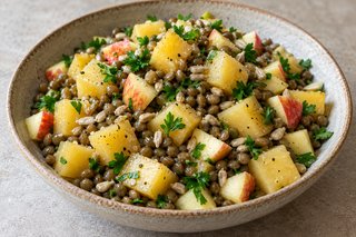 Dados claros de rutabaga con lentejas enteras, manzana con piel, pipas de girasol y perejil