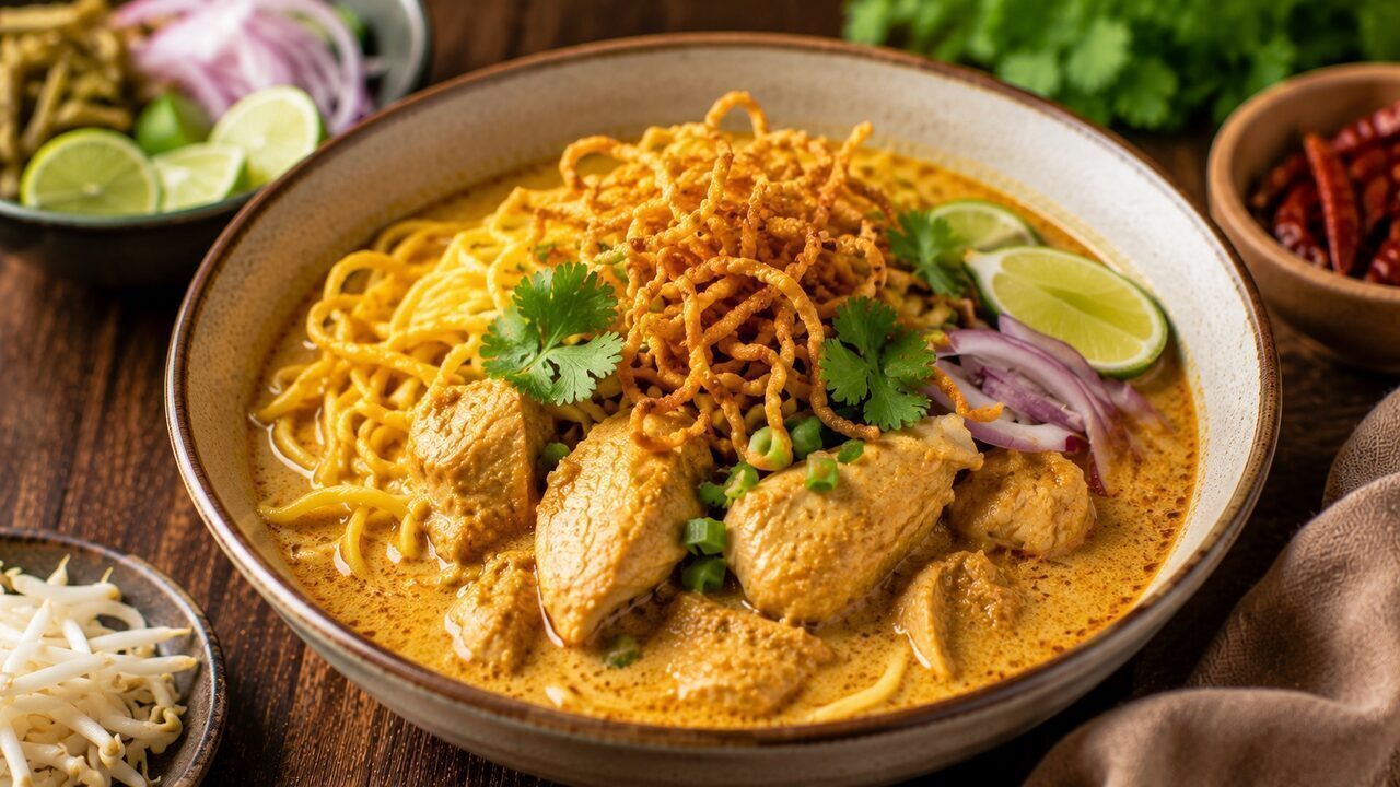 Northern Thai Khao Soi Gai with chicken leg, creamy curry broth, soft and crispy egg noodles