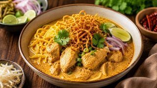 Northern Thai Khao Soi Gai with chicken leg, creamy curry broth, soft and crispy egg noodles