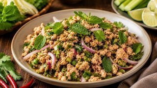 Thai larb gai with chicken mince, shallots, mint, coriander, chilli, lime and roasted rice powder