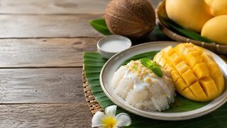 Mango Sticky Rice mit Kokos-Klebreis, reifer Mango und Kokossauce