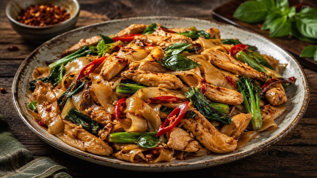 Spicy Thai pad Kee Mao with broad rice noodles, chicken, gai lan, chilli and holy basil