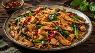 Spicy Thai pad Kee Mao with broad rice noodles, chicken, gai lan, chilli and holy basil