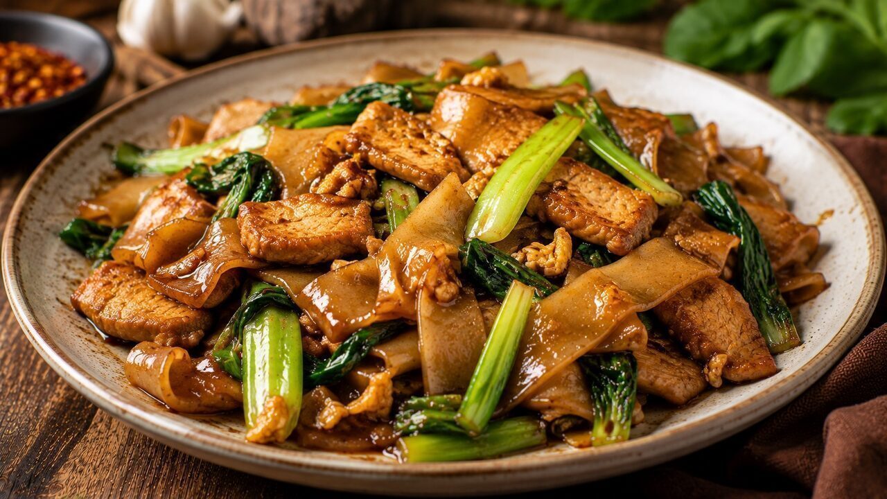 Thai Pad See Ew with broad rice noodles, pork, egg, gai lan and chilli vinegar