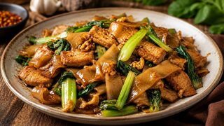 Thai Pad See Ew with broad rice noodles, pork, egg, gai lan and chilli vinegar