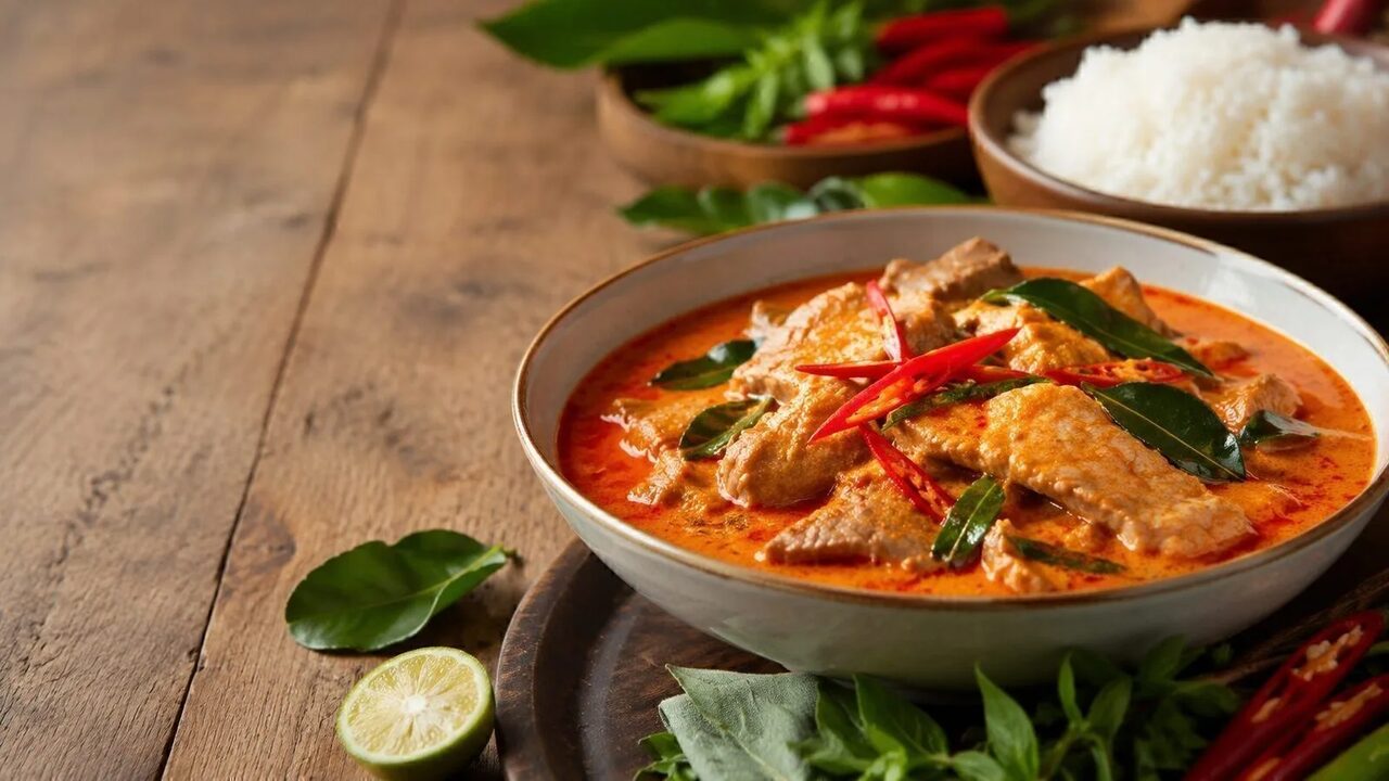 Panang Curry mit cremiger Kokossauce, Kaffirlimettenblättern, Chili und Thai-Basilikum