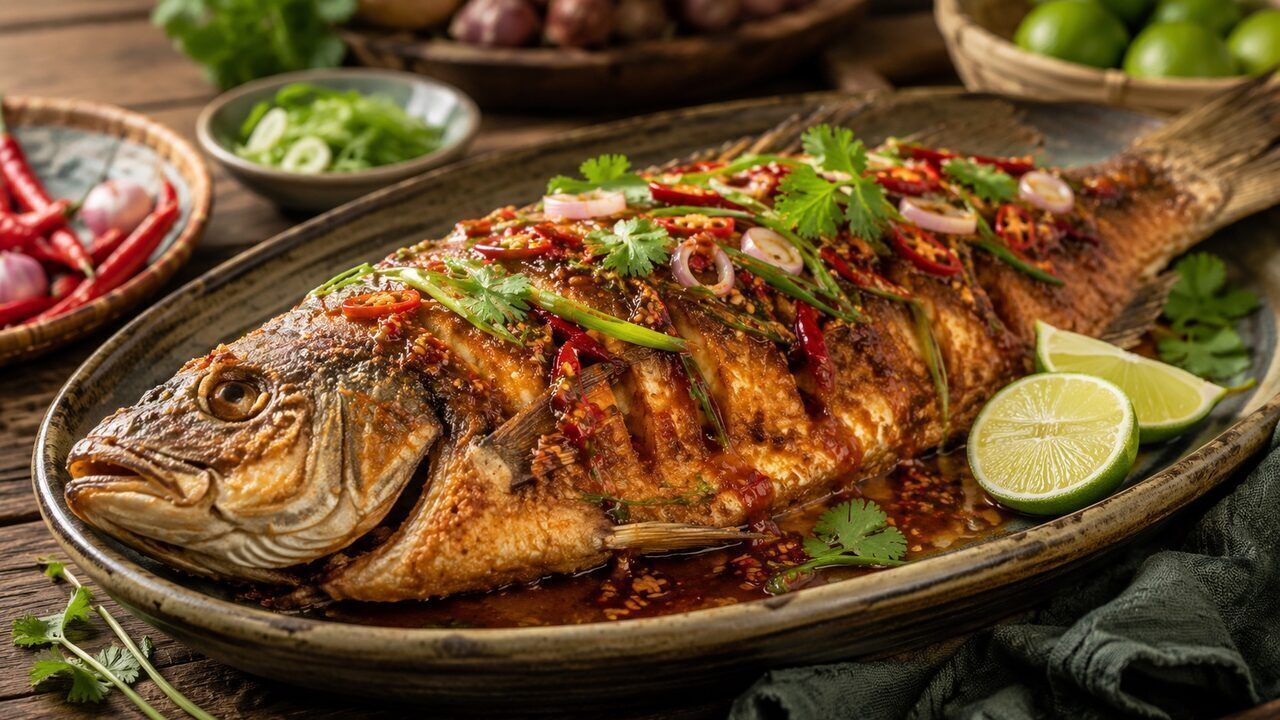 Thai Pla Rad Prik with whole crispy sea bass, sweet and sour chilli-garlic sauce and cilantro