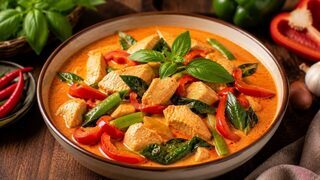 Red Thai curry with chicken, hokkaido pumpkin, coconut milk, macaroon lime leaves and Thai basil