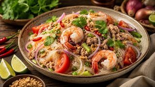 Thai Yum Woon Sen glass noodle salad with shrimp, minced pork, tomatoes, celery, chilli and coriander