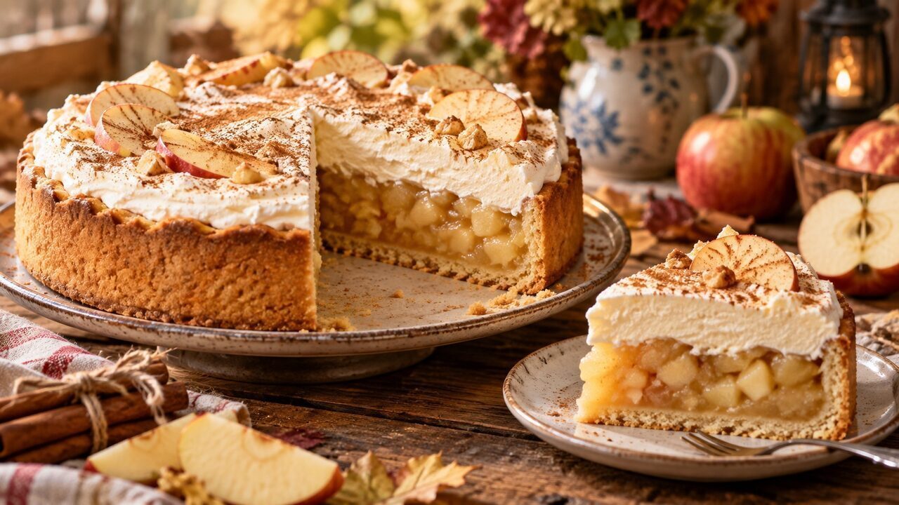 Apfelwein-Sahne-Torte mit Mürbeteig, goldener Apfelfüllung und weißer Zimtsahne