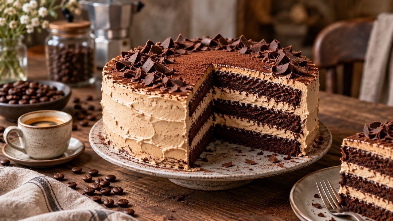 Cappuccino-Torte mit Schokoladenböden, heller Espressocreme und feiner Kakaoschicht