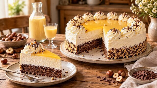 Eierlikörtorte mit dunklem Haselnussboden, weißer Sahne und goldenem Eierlikörspiegel