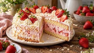 Erdbeer-Sahne-Torte mit zwei Biskuitböden, rosa Erdbeersahne und frischen Erdbeeren