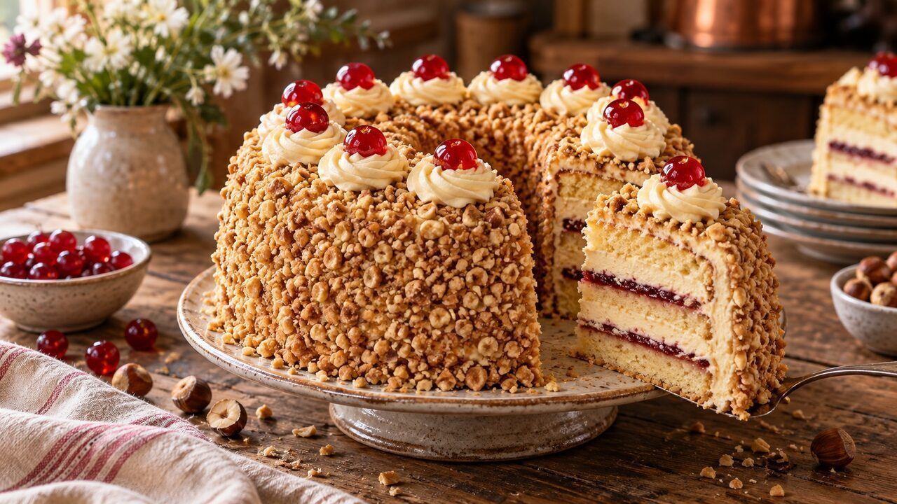 Frankfurter Kranz mit Haselnusskrokant, Buttercremetupfen, Belegkirschen und sichtbaren Schichten