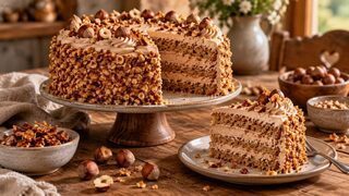Haselnuss-Krokant-Torte mit Nussböden, Nougatcreme und knusprigem Haselnusskrokant