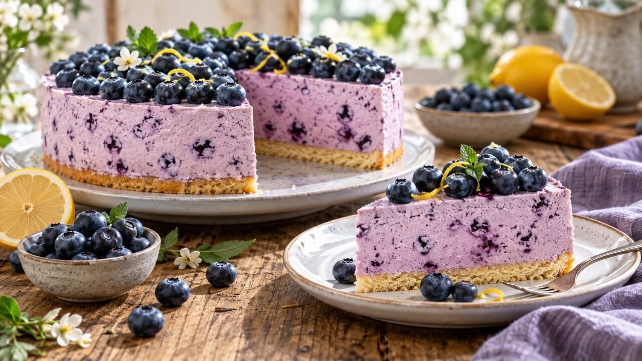Heidelbeer-Joghurt-Torte mit violetter Creme, dünnem Biskuit und frischen Heidelbeeren