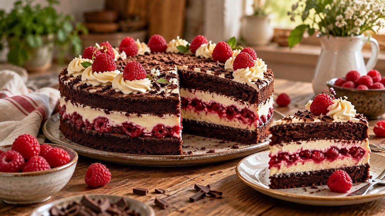 Himbeer-Mascarpone-Torte mit dunklem Schokoladenbiskuit, rosa Fruchtschicht und heller Creme