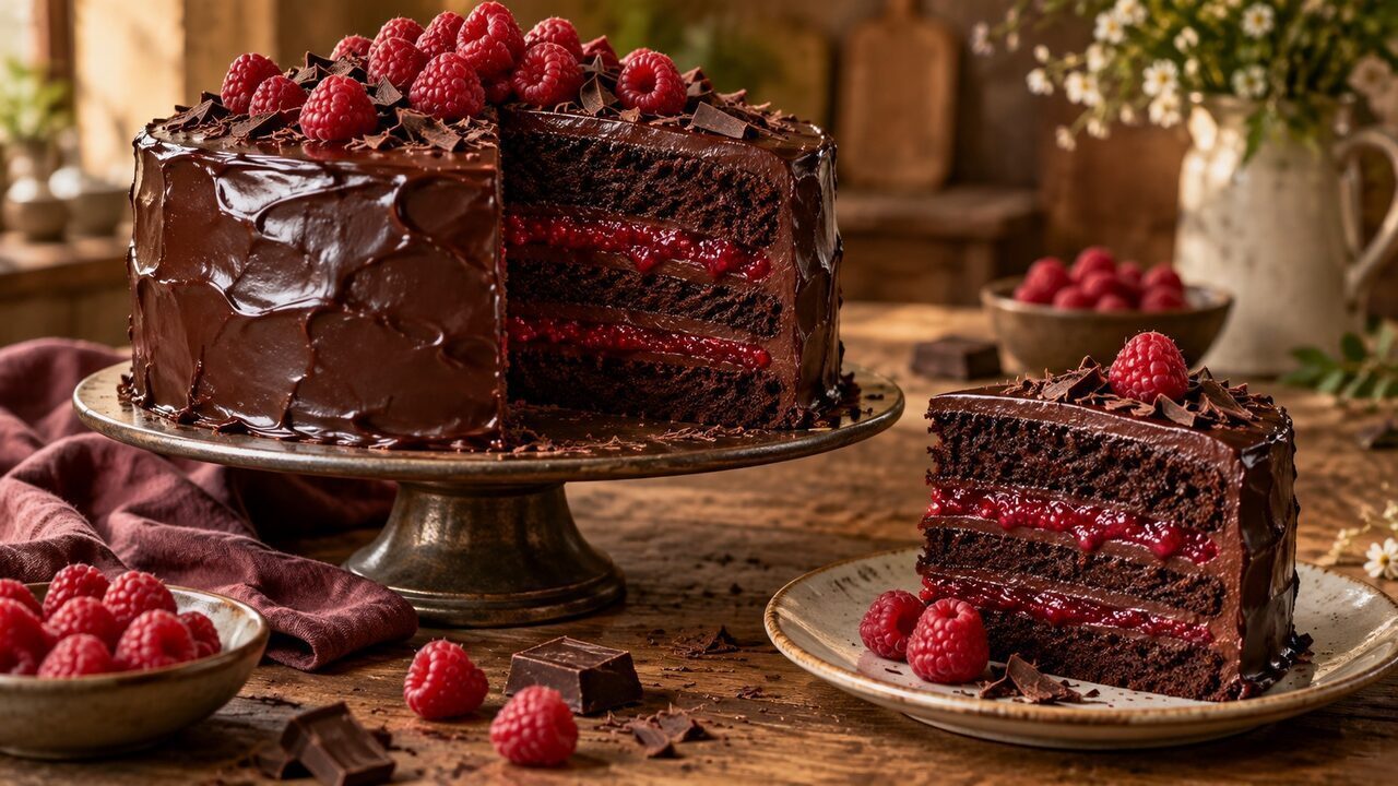 Himbeer-Schokoladen-Torte mit dunklen Böden, roter Fruchteinlage und Schokoladenganache