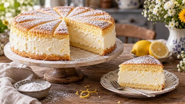 Klassische Käsesahnetorte mit zwei Biskuitböden, hoher Quark-Sahne-Füllung und Puderzucker
