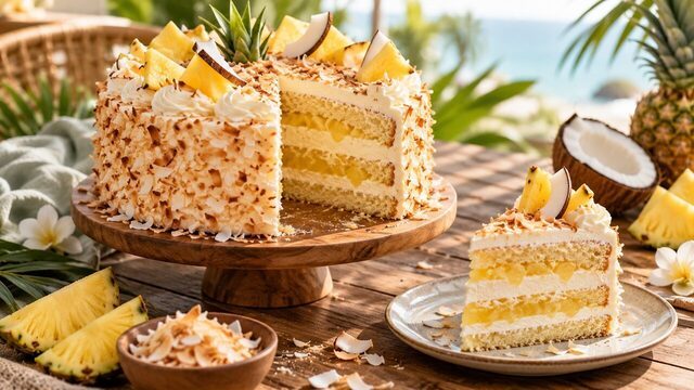 Kokos-Ananas-Torte mit hellen Kokosböden, gelber Fruchtfüllung und gerösteten Kokoschips