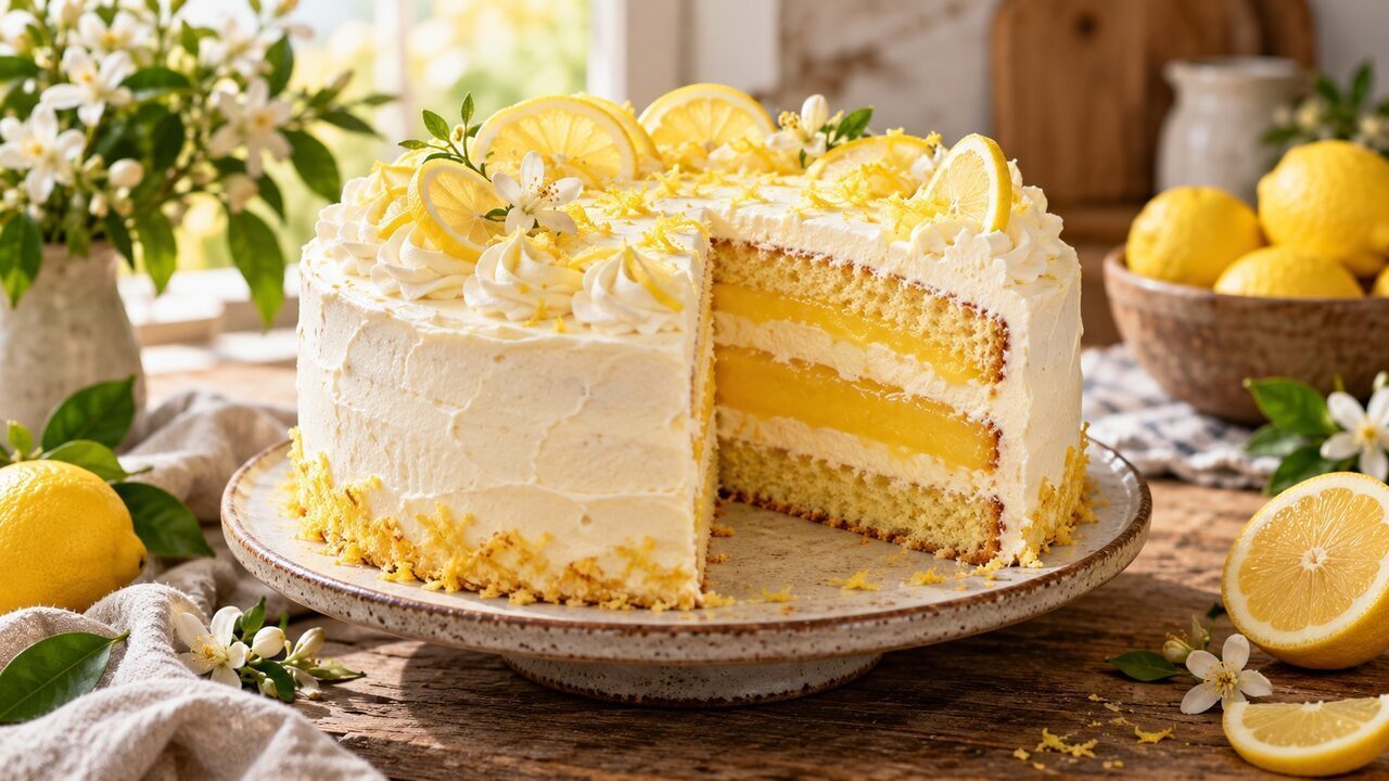 Lemon-Curd-Torte mit hellen Biskuitböden, gelber Zitronenfüllung und weißer Frischkäsecreme
