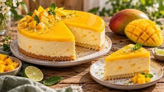 Mango-Joghurt-Torte mit dünnem Biskuit, heller Fruchtcreme und leuchtend gelbem Mangospiegel