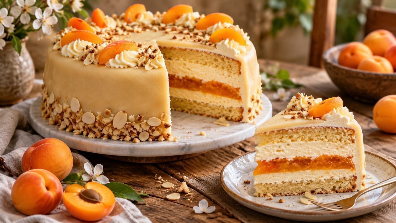 Marzipan-Aprikosen-Torte mit Mandelbiskuit, orangefarbener Fruchtschicht und heller Marzipandecke