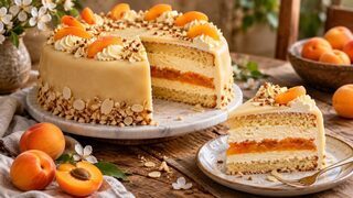 Marzipan-Aprikosen-Torte mit Mandelbiskuit, orangefarbener Fruchtschicht und heller Marzipandecke