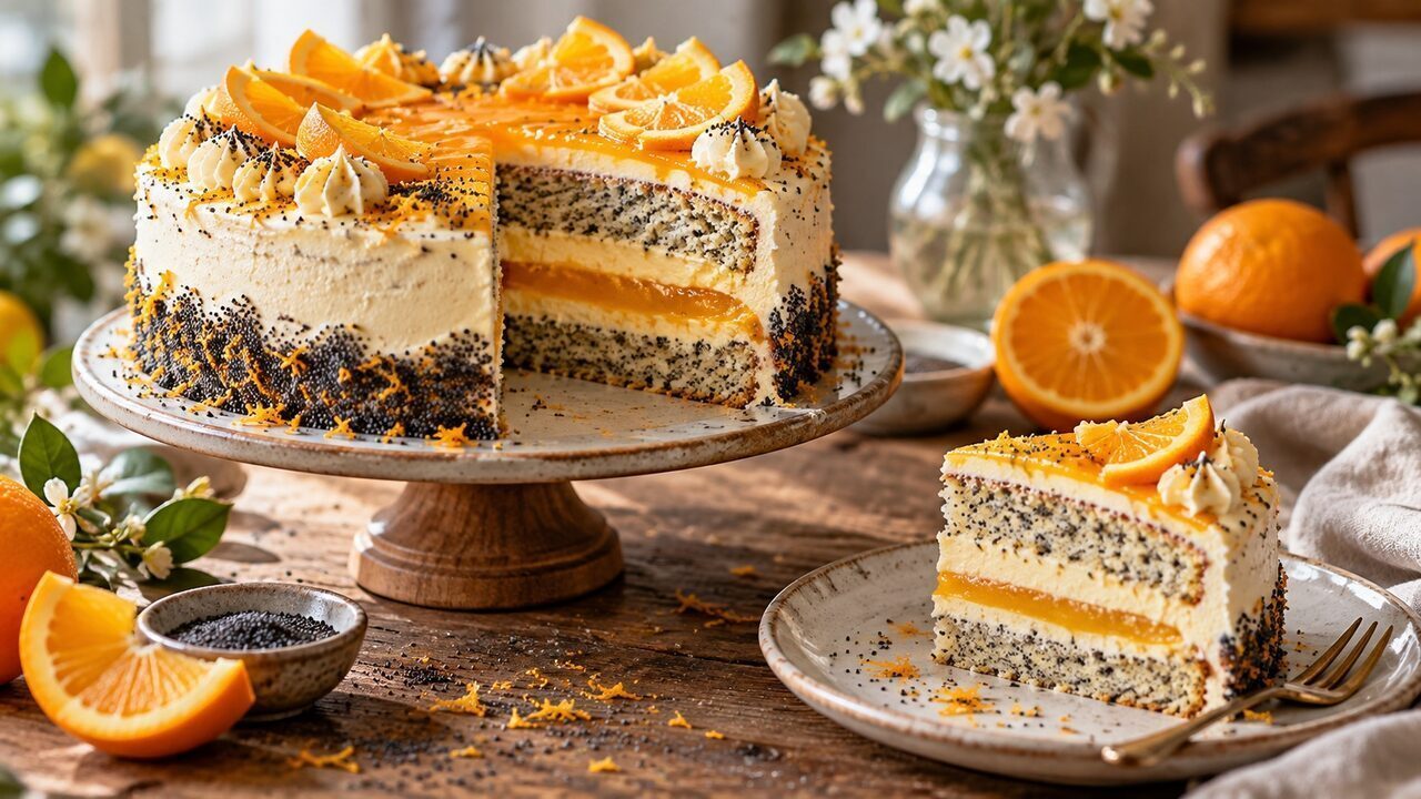 Mohn-Orangen-Torte mit gesprenkelten Böden, heller Orangencreme und leuchtendem Fruchtspiegel