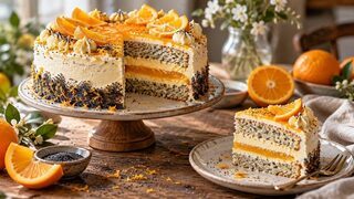 Mohn-Orangen-Torte mit gesprenkelten Böden, heller Orangencreme und leuchtendem Fruchtspiegel