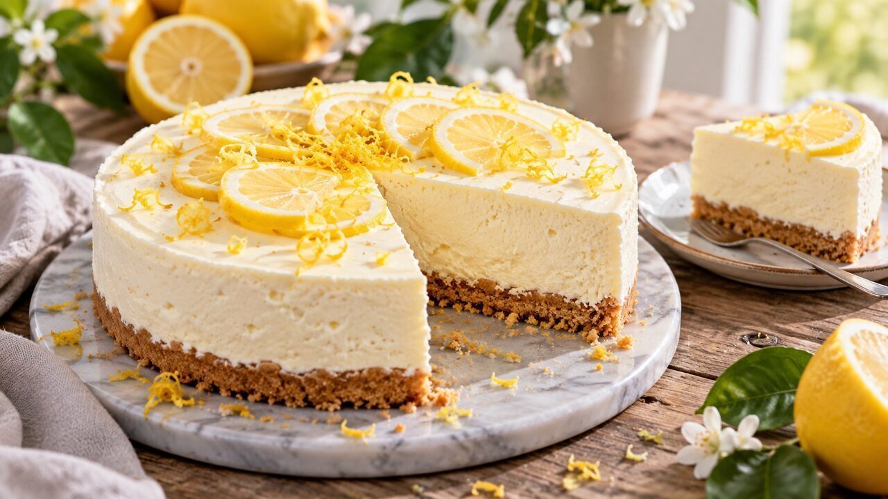No-Bake-Zitronentorte mit festem Keksboden, heller Zitronencreme und dünnen Zitronenscheiben