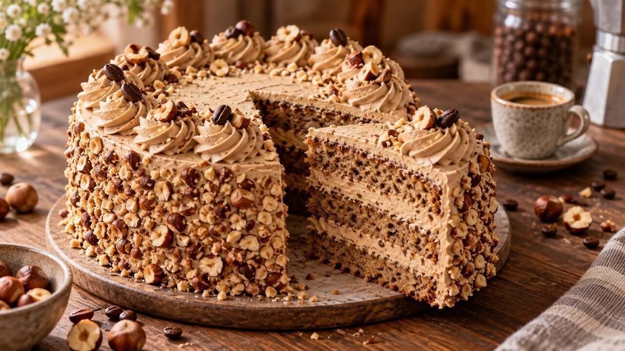 Nuss-Kaffee-Torte mit Haselnussböden, heller Espressocreme und gerösteten Nüssen