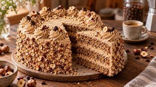 Nuss-Kaffee-Torte mit Haselnussböden, heller Espressocreme und gerösteten Nüssen