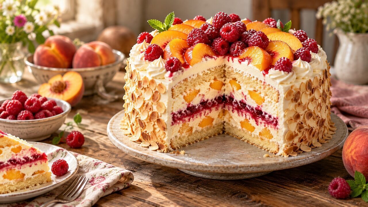 Pfirsich-Melba-Torte mit Vanillebiskuit, Pfirsichstücken, Himbeerfüllung und heller Creme
