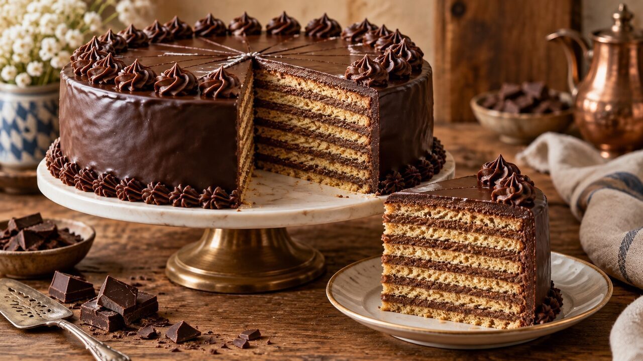 Prinzregententorte mit sieben dünnen Böden, Schokoladenbuttercreme und dunkler Glasur