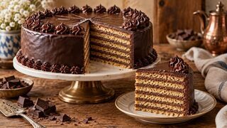 Prinzregententorte mit sieben dünnen Böden, Schokoladenbuttercreme und dunkler Glasur